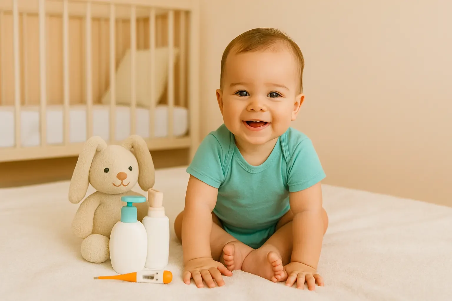 smiling baby sitting with toy bunny and milk bottle baby health wowmama smiling baby sitting with toy bunny and milk bottle baby health wowmama